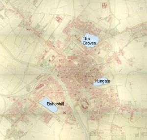 Three areas around York used for horticulture during the 17th and 18th century. Possibly using land from monastic holdings made available during the 16th century 